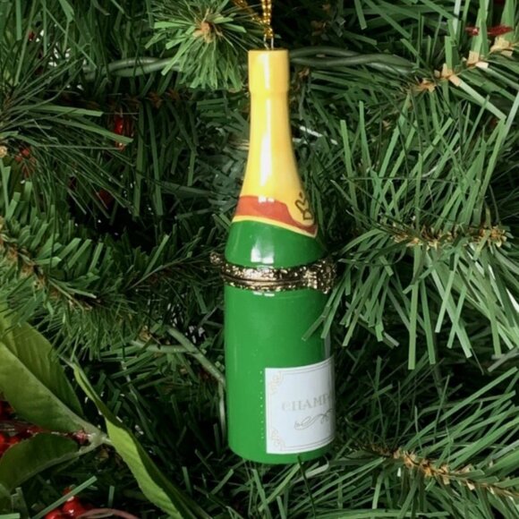 Champagne Bottle Porcelain Hinged Surprise Gift Trinket Box Christmas Ornament - Picture 4 of 4